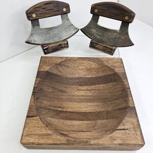 Alaskan Ulu Knife Set 2 Choppers w Wooden Bowl Board Rustic Kitchen Prep Set